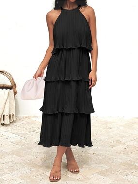 Black Tiered Halter Maxi Dress - Women's Elegant Layered Summer Dress